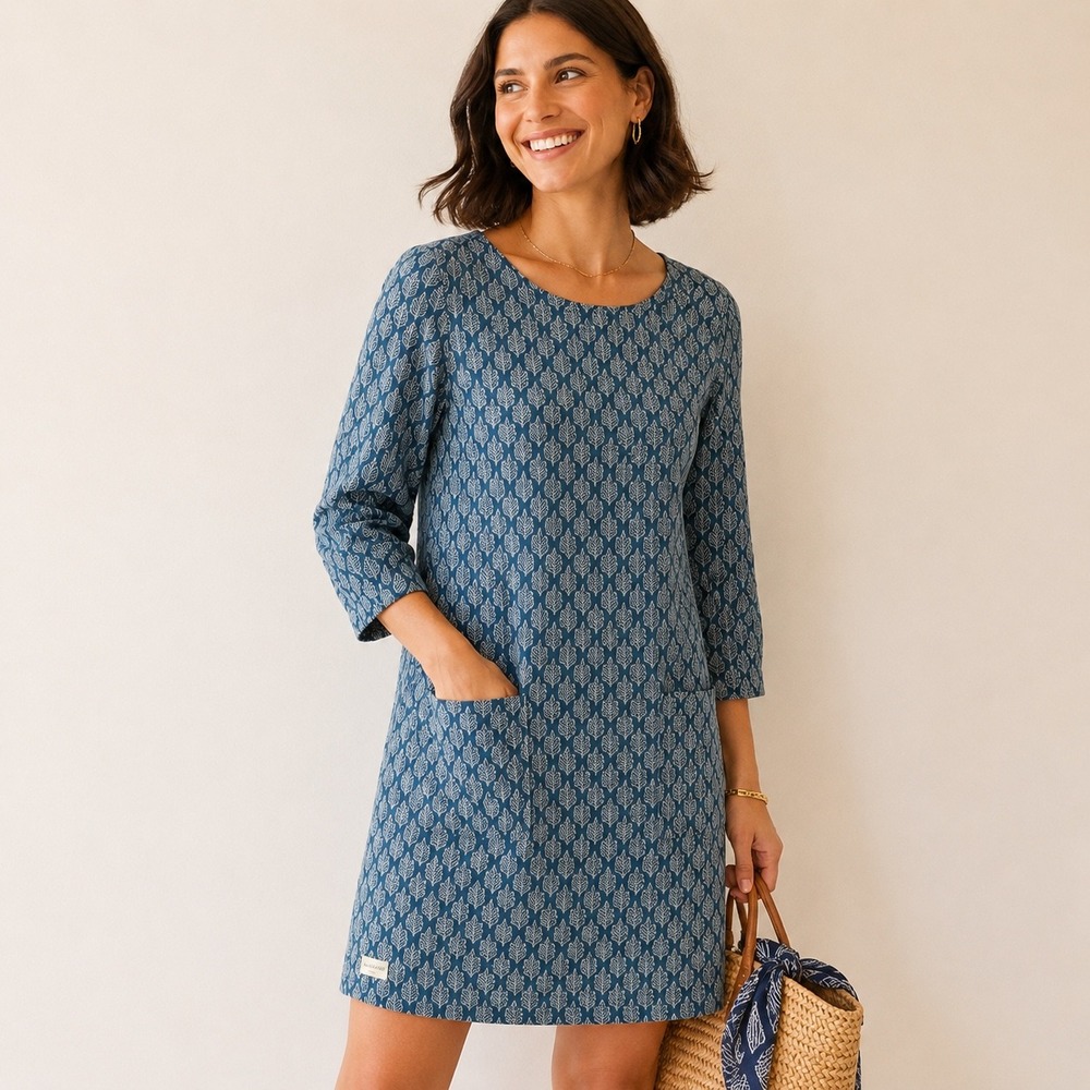 Brakeburn Shift Dress Blue Leaf Print Linen Blend‎ Pockets Nature Casual